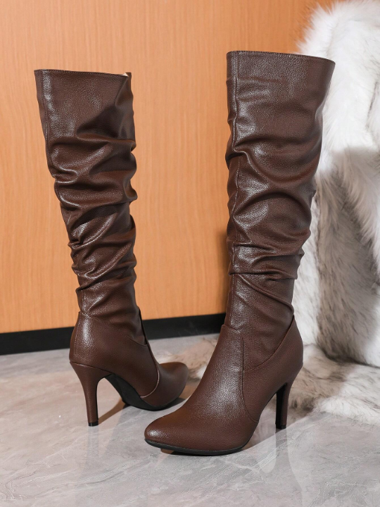 Women's Over-the-knee Boots With Thin High Heels, Deep Brown, Random Wrinkle Detail, Winter