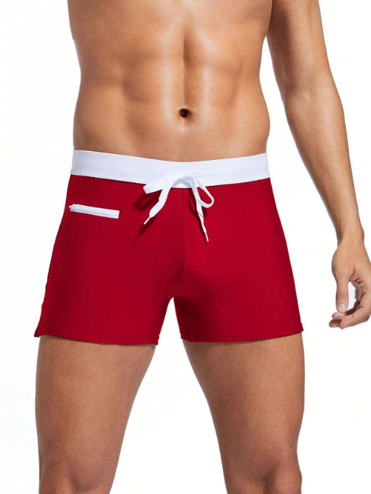 Men's Square Cut Swim Trunks With Color Block Design And Drawstring Waist