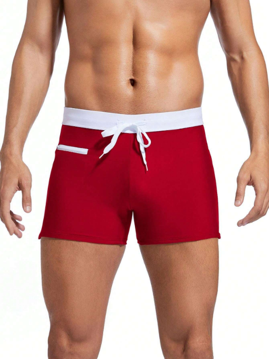 Men's Square Cut Swim Trunks With Color Block Design And Drawstring Waist