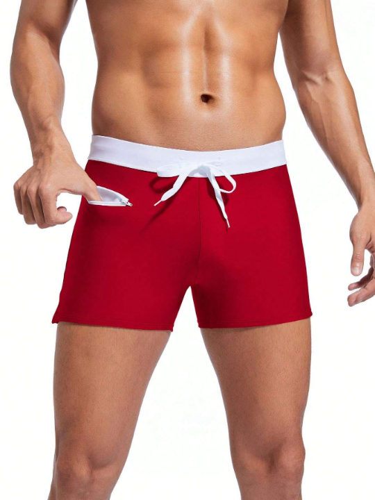 Men's Square Cut Swim Trunks With Color Block Design And Drawstring Waist