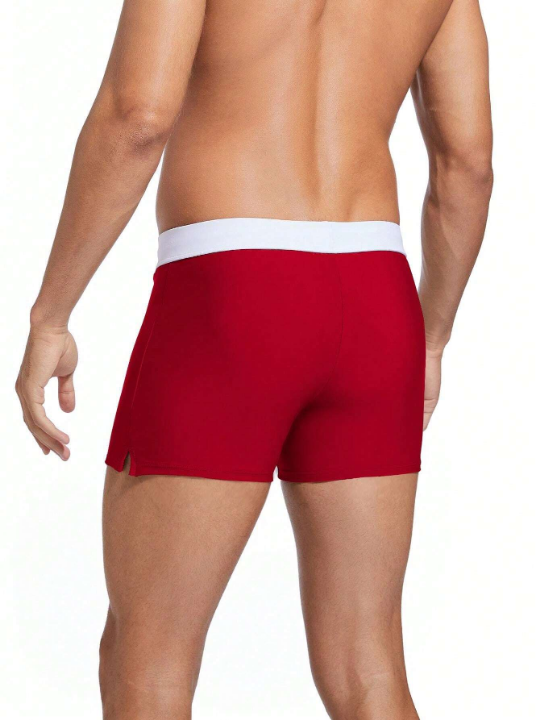 Men's Square Cut Swim Trunks With Color Block Design And Drawstring Waist