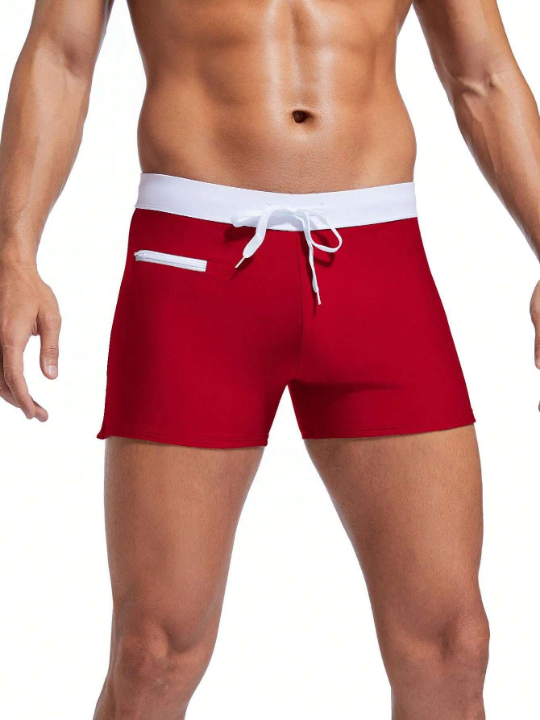 Men's Square Cut Swim Trunks With Color Block Design And Drawstring Waist