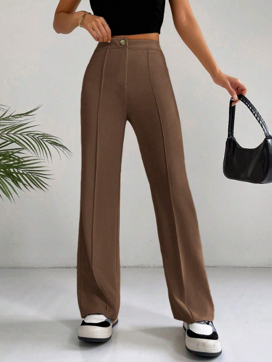 EZwear Spring Brown Y2k High Waist Seam Detail Straight Leg Pants Flare Leggings