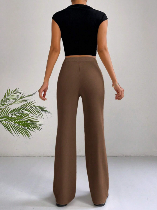 EZwear Spring Brown Y2k High Waist Seam Detail Straight Leg Pants Flare Leggings