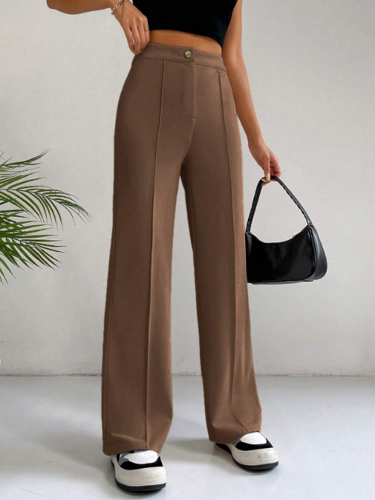 EZwear Spring Brown Y2k High Waist Seam Detail Straight Leg Pants Flare Leggings