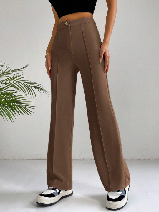 EZwear Spring Brown Y2k High Waist Seam Detail Straight Leg Pants Flare Leggings