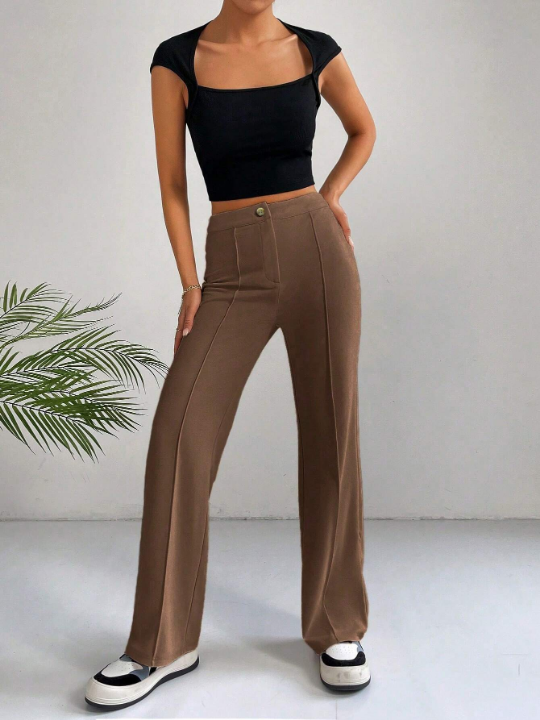 EZwear Spring Brown Y2k High Waist Seam Detail Straight Leg Pants Flare Leggings