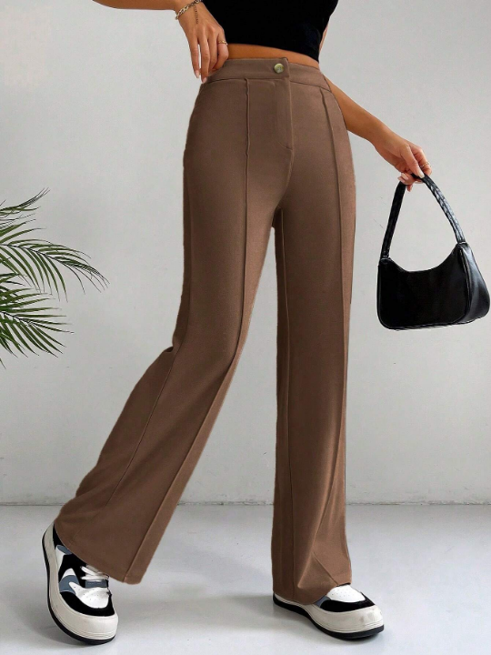 EZwear Spring Brown Y2k High Waist Seam Detail Straight Leg Pants Flare Leggings