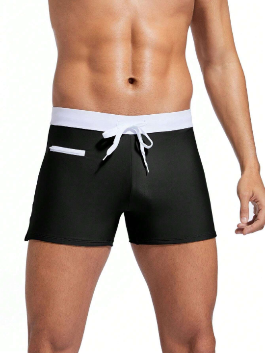 Men's Square Leg Swimsuit With Contrast Color Drawstring Waist