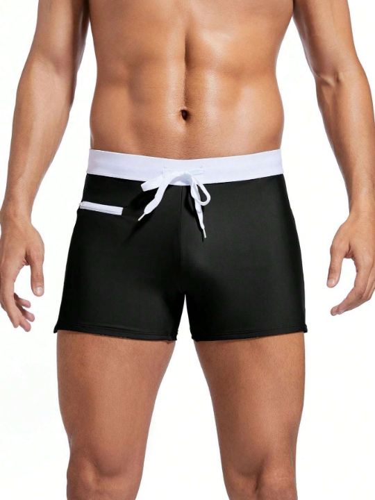 Men's Square Leg Swimsuit With Contrast Color Drawstring Waist