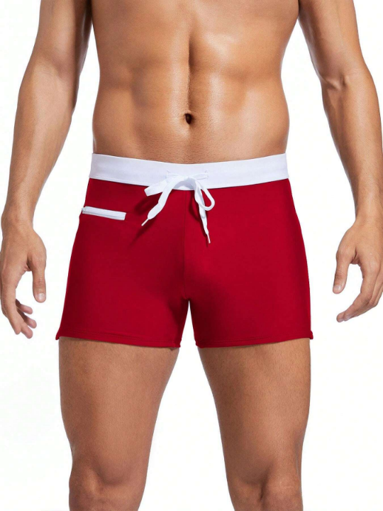 Men's Square Cut Swim Trunks With Color Block Design And Drawstring Waist