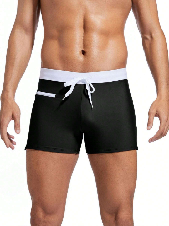 Men's Square Leg Swimsuit With Contrast Color Drawstring Waist