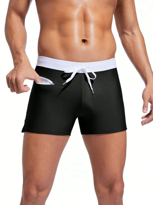 Men's Square Leg Swimsuit With Contrast Color Drawstring Waist