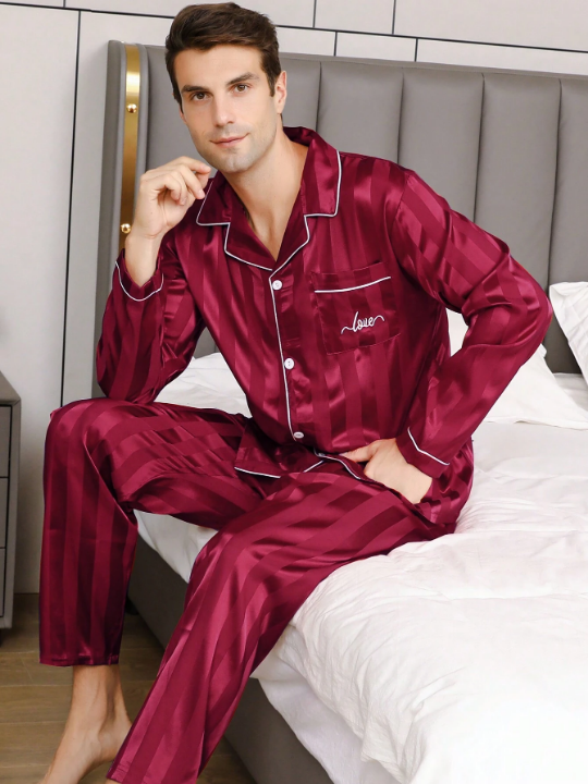 2pcs/Set Men's Ice Silk Long Sleeve Pajamas With Thin Embroidered Letter & Lapel Collar For Spring And Autumn