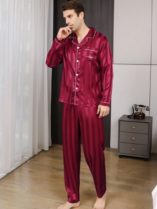 2pcs/Set Men's Ice Silk Long Sleeve Pajamas With Thin Embroidered Letter & Lapel Collar For Spring And Autumn