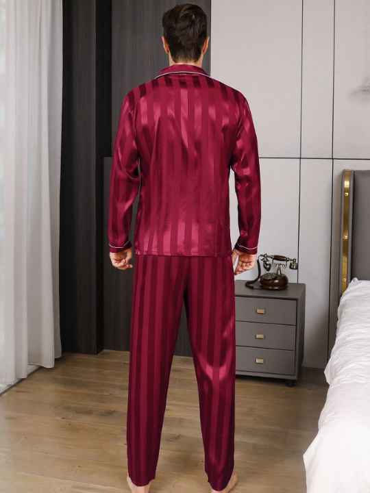 2pcs/Set Men's Ice Silk Long Sleeve Pajamas With Thin Embroidered Letter & Lapel Collar For Spring And Autumn