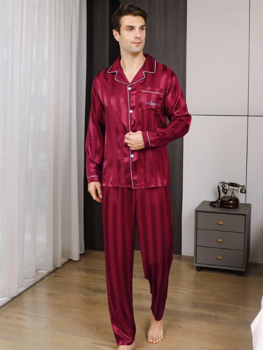 2pcs/Set Men's Ice Silk Long Sleeve Pajamas With Thin Embroidered Letter & Lapel Collar For Spring And Autumn