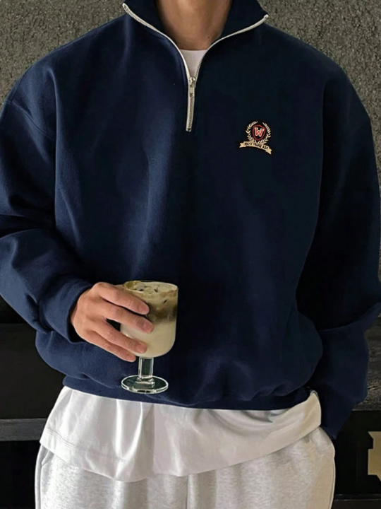 Manfinity Hypemode Men's Casual Loose Half Zipper Stand Collar Letter Graphic Drop Shoulder Sweatshirt