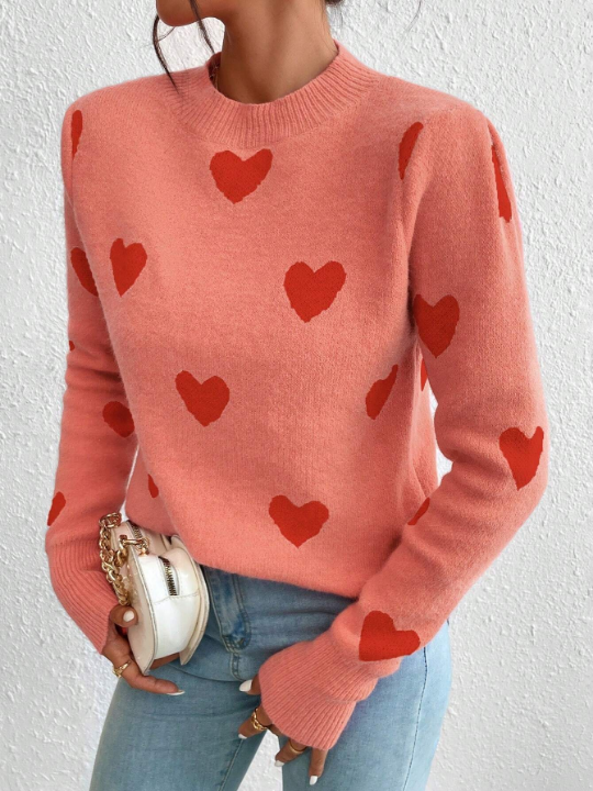 Heart Pattern Round Neck Shoulder Sweater