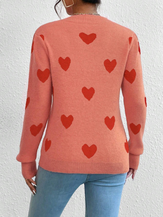 Heart Pattern Round Neck Shoulder Sweater