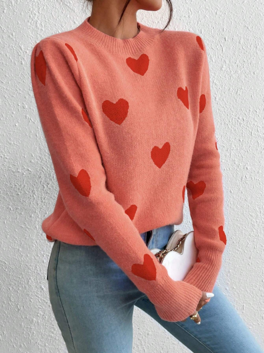 Heart Pattern Round Neck Shoulder Sweater