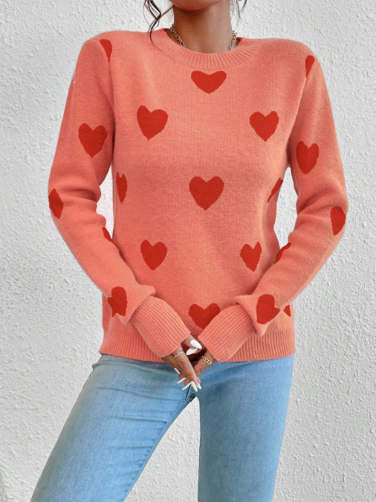 Heart Pattern Round Neck Shoulder Sweater