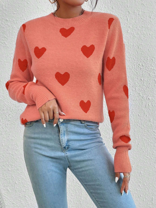 Heart Pattern Round Neck Shoulder Sweater