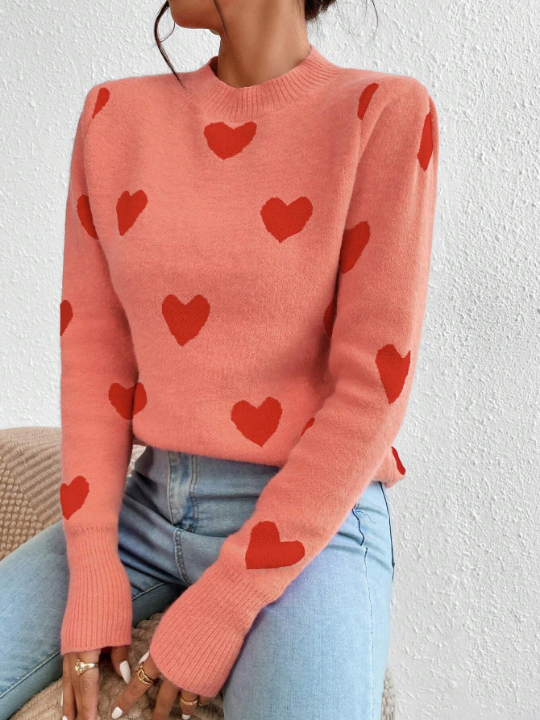 Heart Pattern Round Neck Shoulder Sweater