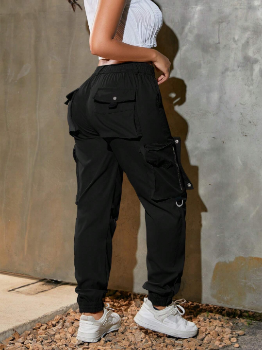 Y2K Elastic Waist With Drawstring Flap Pocket Zipper Detail Metal Button Slit Hem Cargo Jogger Pants