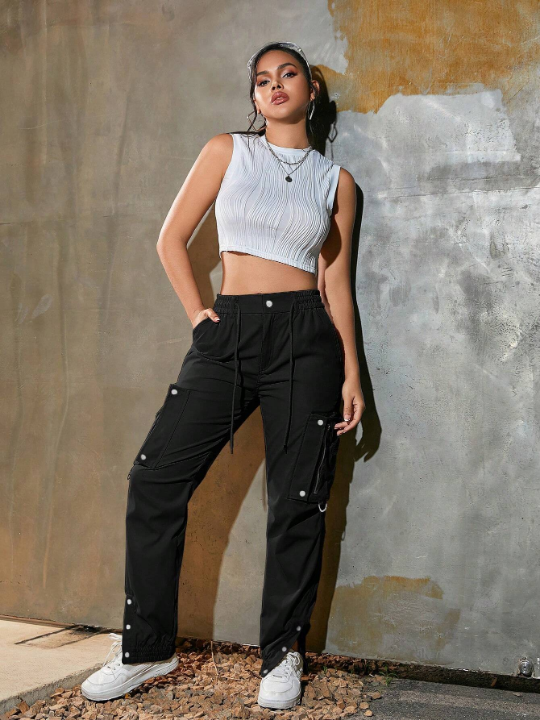 Y2K Elastic Waist With Drawstring Flap Pocket Zipper Detail Metal Button Slit Hem Cargo Jogger Pants