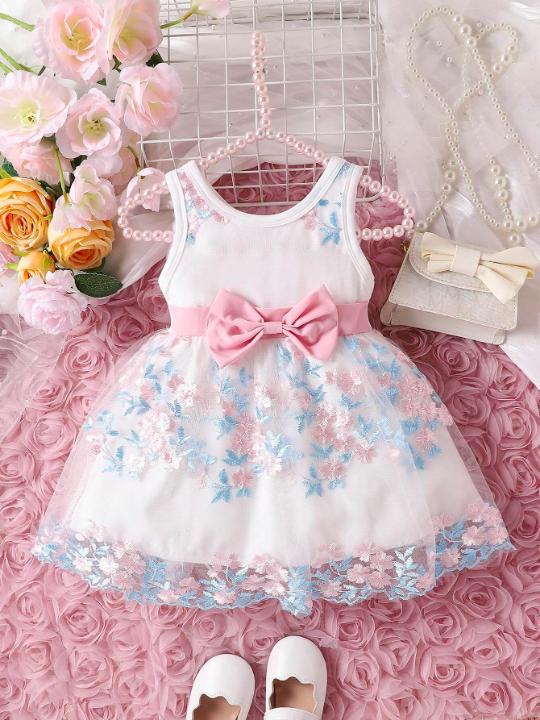 Baby Girls' Flower Embroidered Mesh Splice Sleeveless Dress With Bow Decor