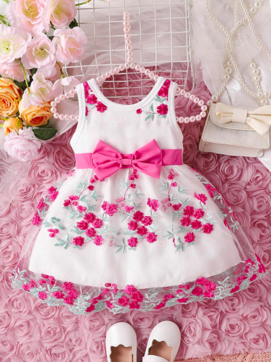 Baby Girls' Flower Embroidery Mesh Patchwork Bowknot Decor Sleeveless Dress