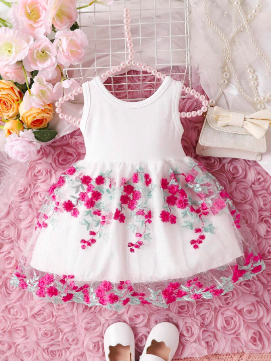 Baby Girls' Flower Embroidery Mesh Patchwork Bowknot Decor Sleeveless Dress