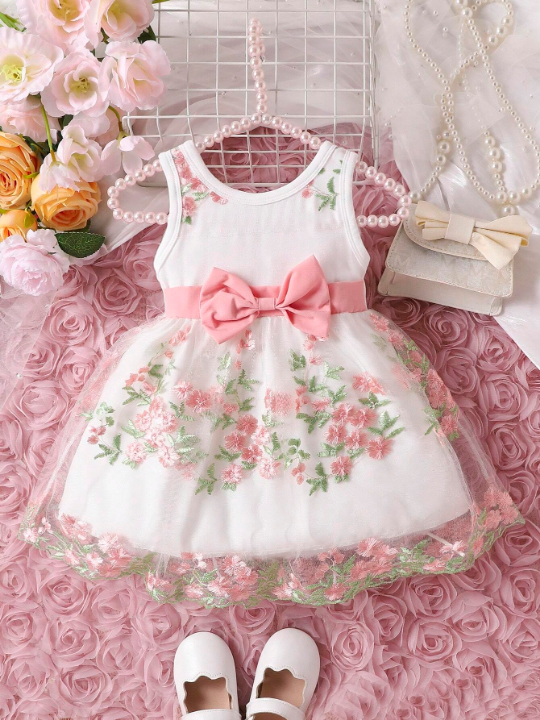 Baby Girls' Sleeveless Dress With Flower Embroidery Mesh, Bowknot Decoration