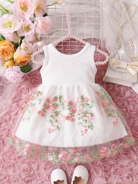 Baby Girls' Sleeveless Dress With Flower Embroidery Mesh, Bowknot Decoration