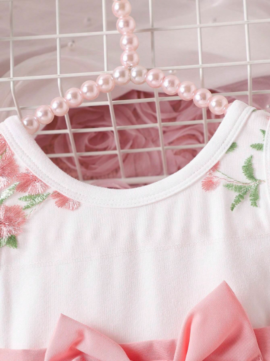 Baby Girls' Sleeveless Dress With Flower Embroidery Mesh, Bowknot Decoration