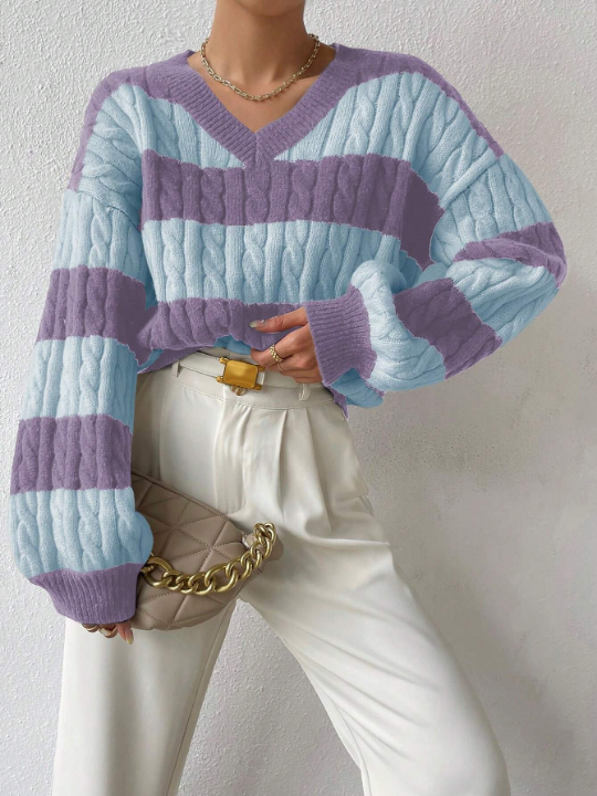 Essnce V-neck Drop Shoulder Striped Sweater