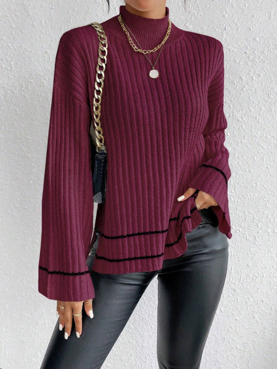 Essnce Colorblock Striped Stand Collar Side Slit Drop Shoulder Sweater