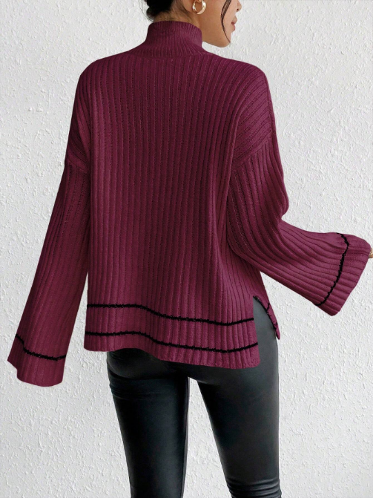 Essnce Colorblock Striped Stand Collar Side Slit Drop Shoulder Sweater