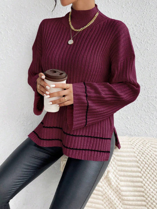 Essnce Colorblock Striped Stand Collar Side Slit Drop Shoulder Sweater