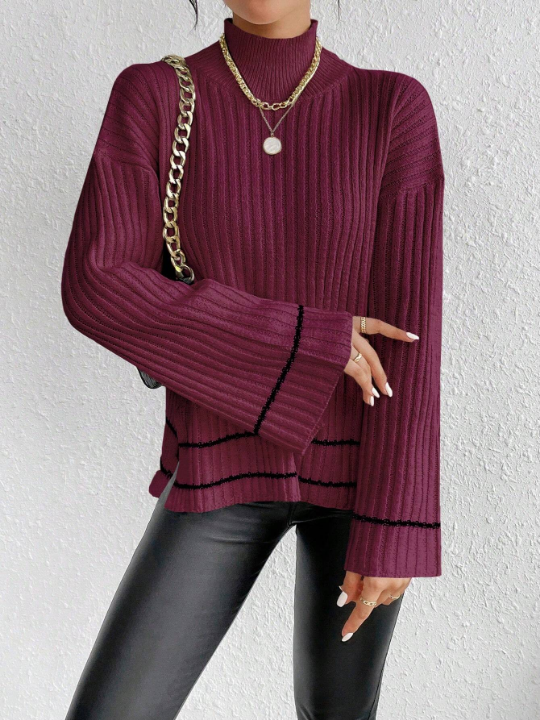 Essnce Colorblock Striped Stand Collar Side Slit Drop Shoulder Sweater