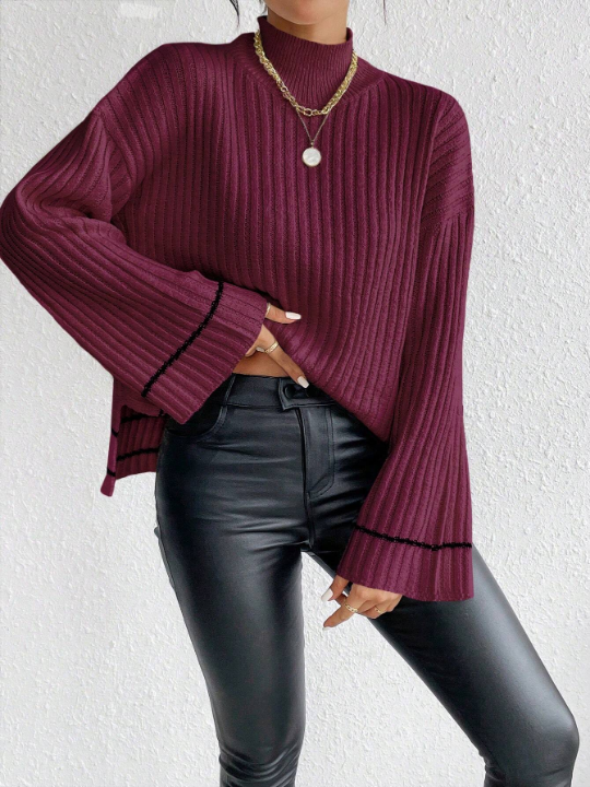 Essnce Colorblock Striped Stand Collar Side Slit Drop Shoulder Sweater