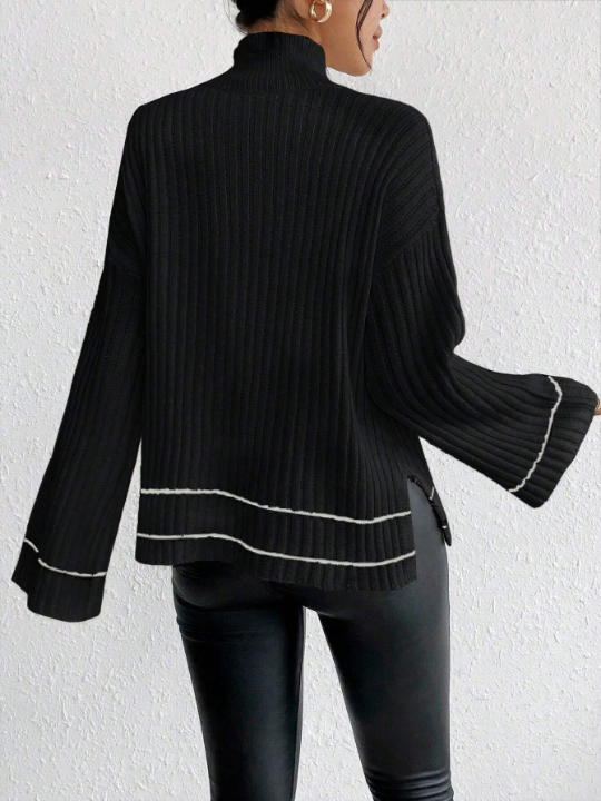 Essnce Color Block Striped Split Side Stand Collar Sweater