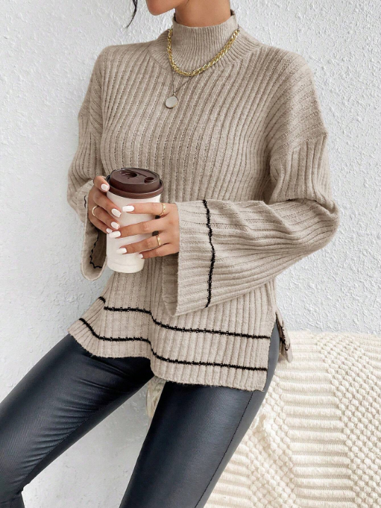 Essnce Contrast Striped Stand Collar Side Slit Drop Shoulder Sweater