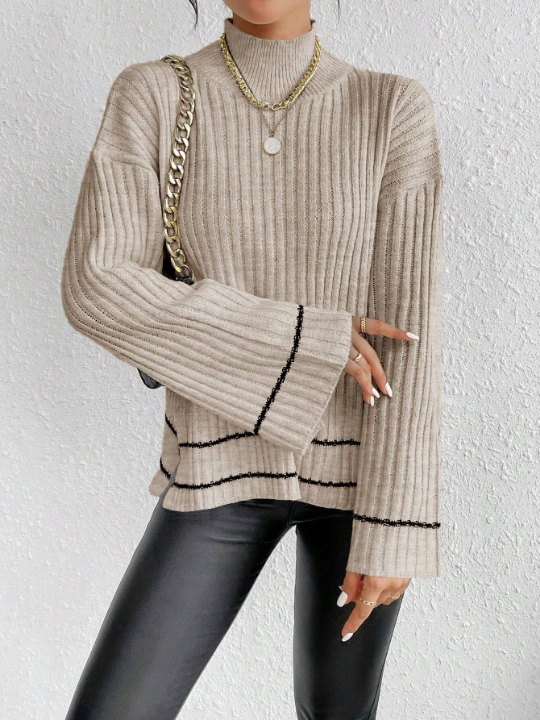 Essnce Contrast Striped Stand Collar Side Slit Drop Shoulder Sweater