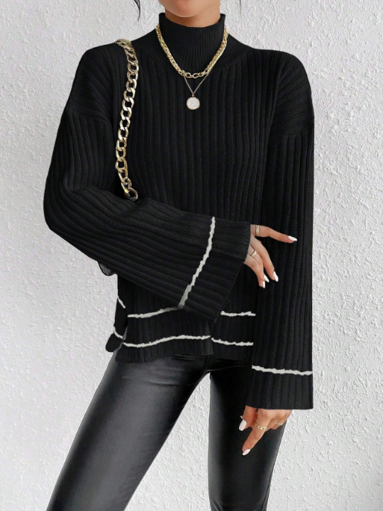 Essnce Color Block Striped Split Side Stand Collar Sweater