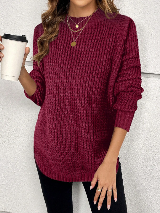 Solid Raglan Sleeve Curved Hem Sweater