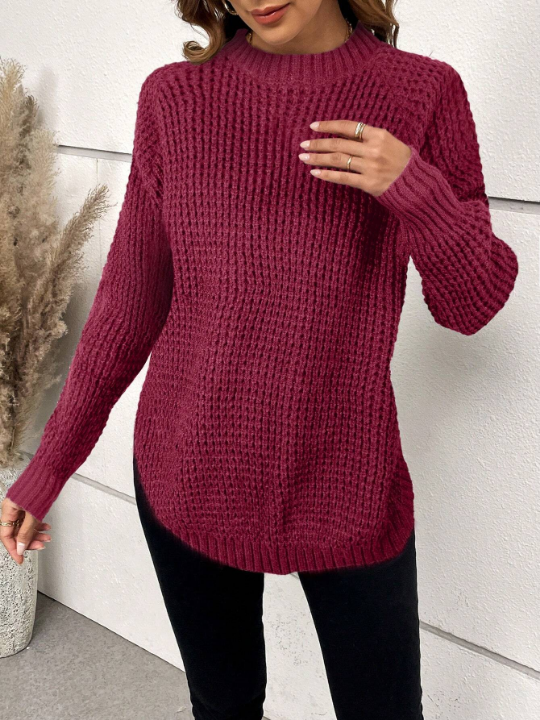 Solid Raglan Sleeve Curved Hem Sweater