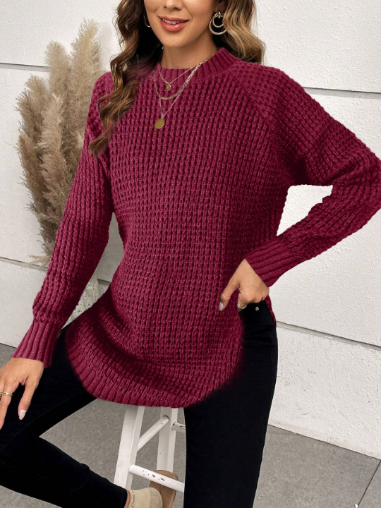 Solid Raglan Sleeve Curved Hem Sweater