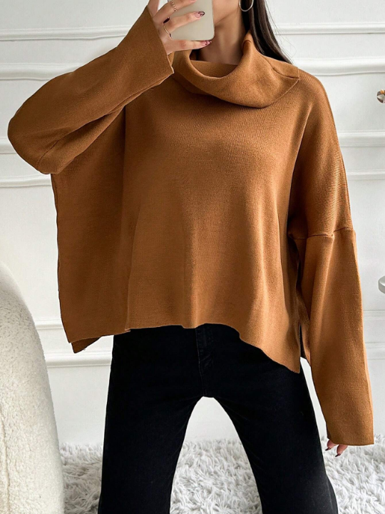 Women's Solid Color High Neck Batwing Sleeve Sweater